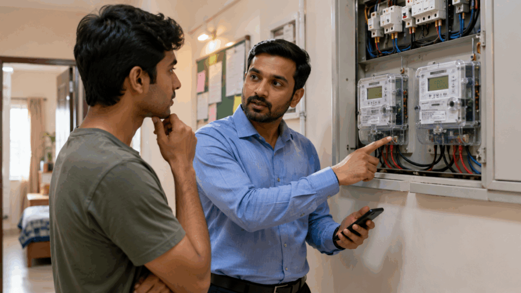 Handling Electricity Bill Disputes, Handling Electricity Bill Disputes with Digital Sub-Meter Tracking, Rentok Property manager explaining digital electricity meter readings to a PG tenant for transparent utility billing and dispute resolution.