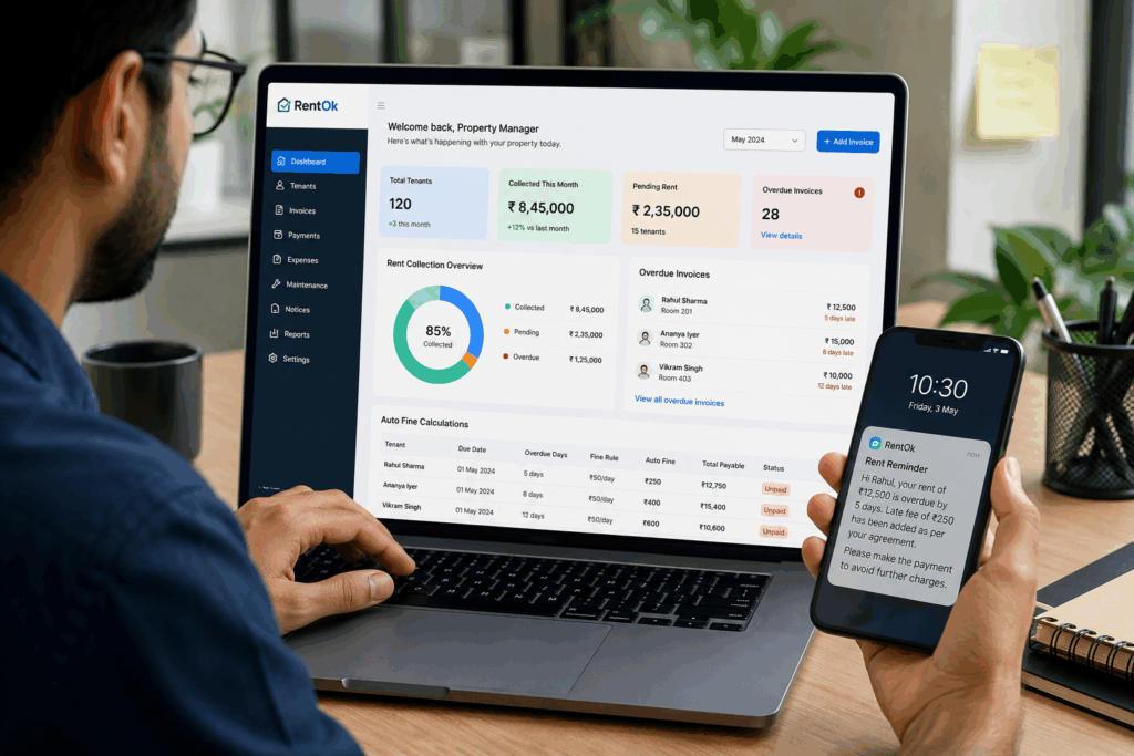 Manage Late Rent Better, Tired of “Kal Deta Hoon”? Manage Late Rent Better, Rentok Property manager using automated software to calculate late rent fees and track overdue rent payments.