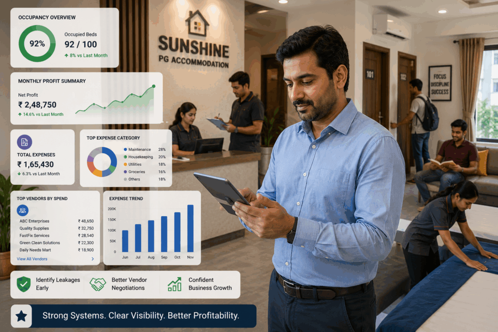PG owner using digital systems to track expenses, occupancy, and profitability for better property management.