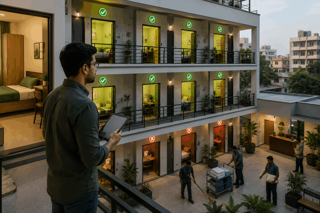 Lose Revenue, Why Most PG Owners Lose Revenue Without Realizing It, Rentok PG owner monitoring occupancy levels and property operations in a modern hostel management facility with organized room occupancy tracking and staff coordination.