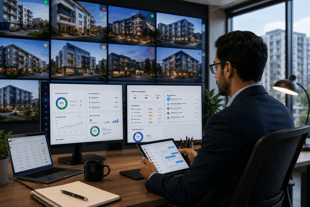 AI-Powered Property Management, Why AI-Powered Property Management Software Is the Future, Rentok Property manager monitoring occupancy, rent collection, maintenance requests, and tenant operations across multiple rental properties using property management software