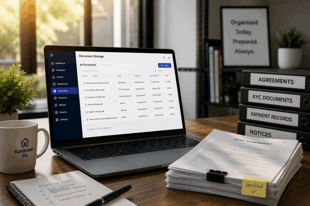 Professional Rent Agreement, How to Create a Professional Rent Agreement Digitally in 5 Minutes, Rentok Property manager accessing digital rent agreements, KYC documents, payment records, and tenant files through a secure cloud-based document management system for rental property operations.