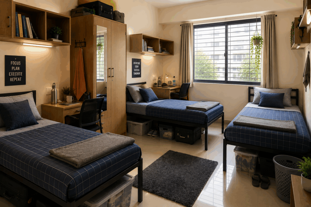 Modern triple sharing PG room with three beds, study desks, wardrobes, and smart storage designed for comfortable shared living.