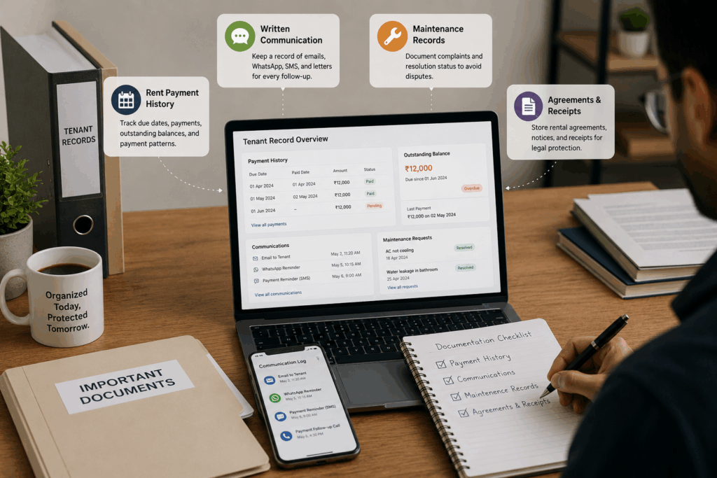 Property manager maintaining tenant records, rent payment history, communication logs, maintenance requests, and rental agreements for effective rent recovery and legal documentation.