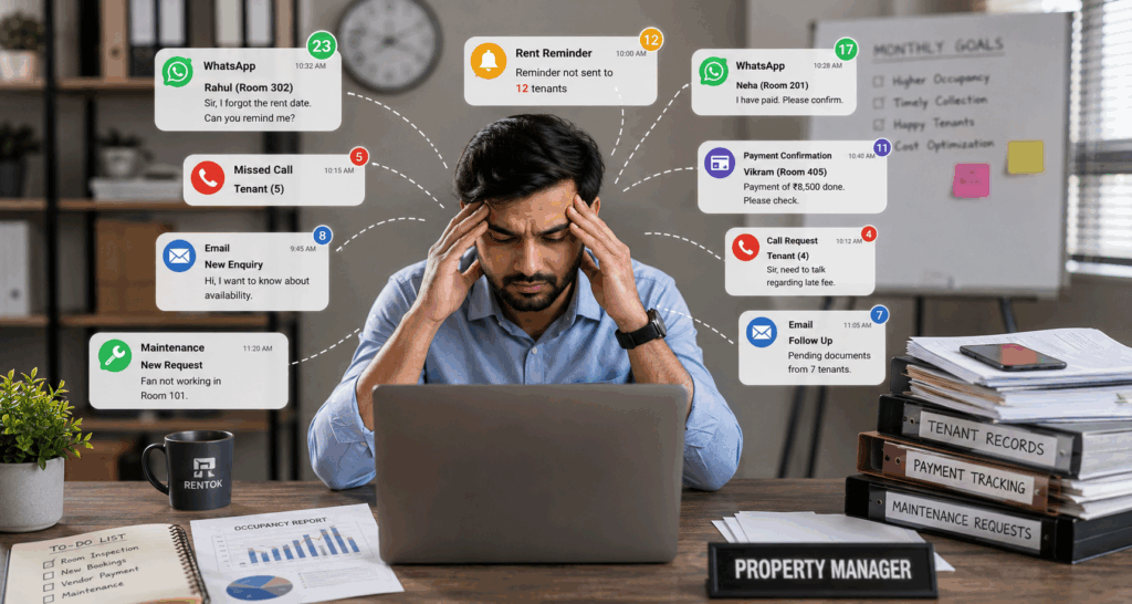 Property manager overwhelmed by tenant communications, rent reminders, payment confirmations, maintenance requests, and administrative tasks while managing a growing rental property business.