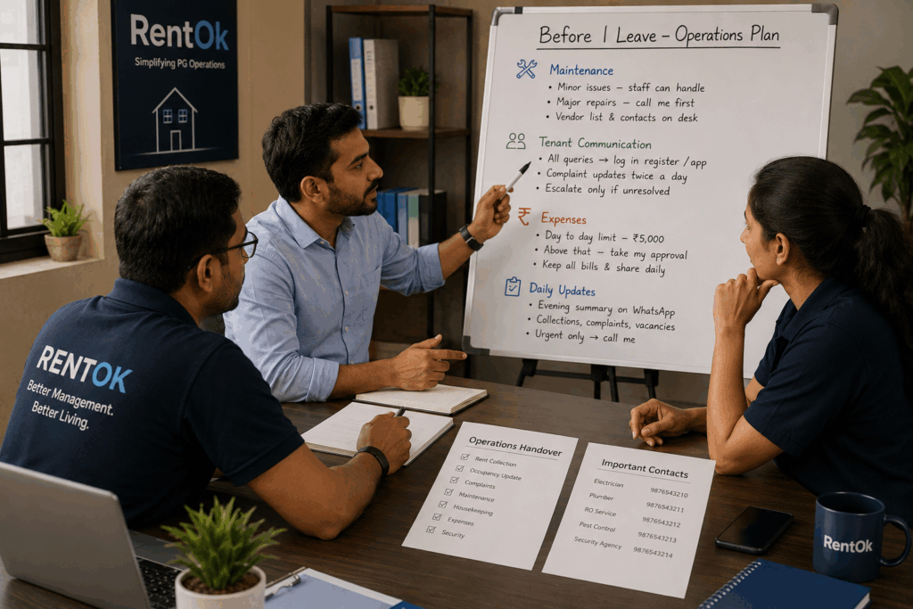 Manage Your PG Remotely, How to Manage Your PG Remotely While You Are on Vacation, Rentok PG owner conducting an operations handover meeting with staff before vacation, discussing maintenance approvals, tenant communication, expense management, and daily property operations.