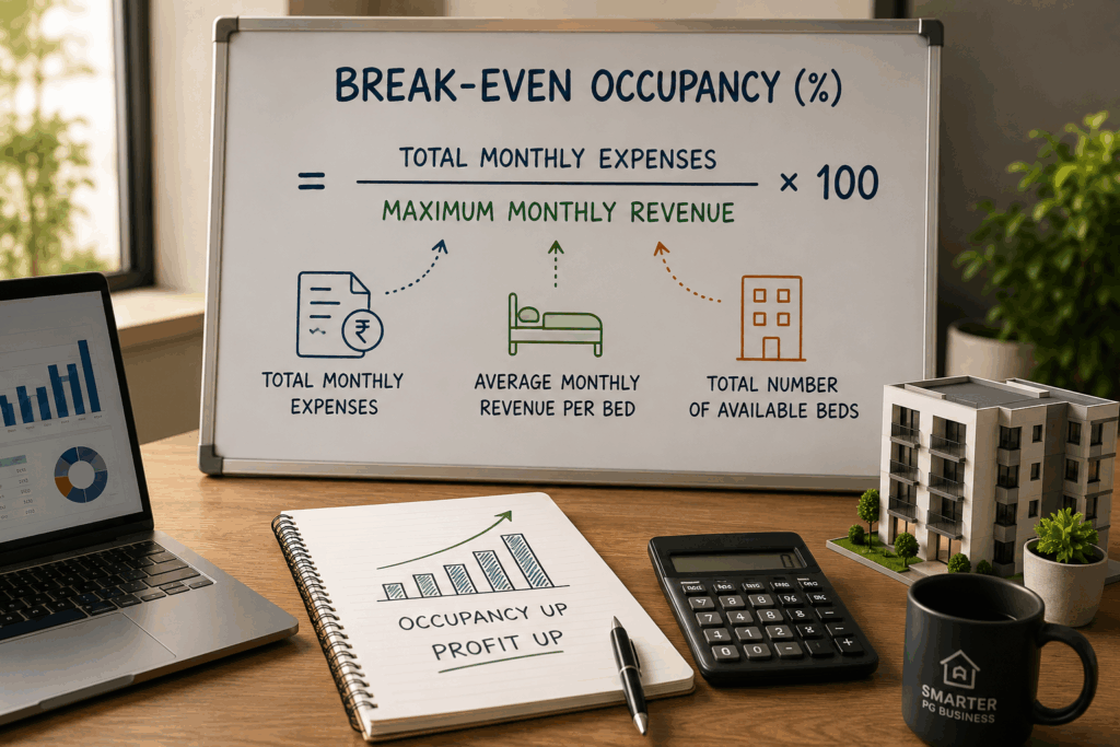 Break-even occupancy formula for PG businesses showing monthly expenses, revenue per bed, and occupancy calculation.