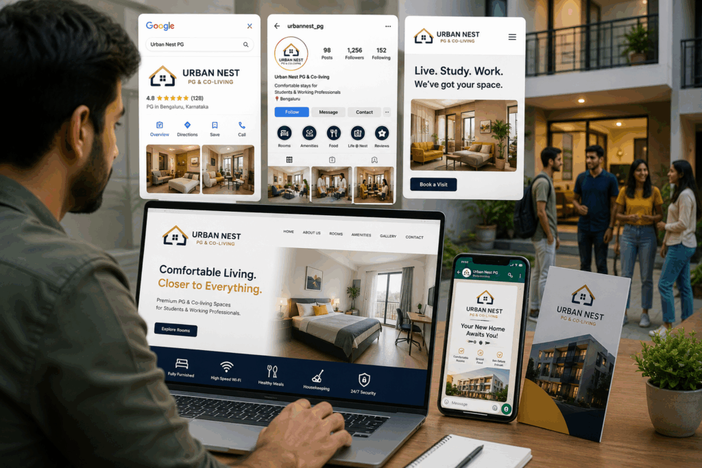 Create a Free PG Logo, How to Create a Free PG Logo in 5 Minutes, Rentok PG owner building a professional brand identity with a logo, website, social media presence, and online property listings to improve tenant trust and visibility.