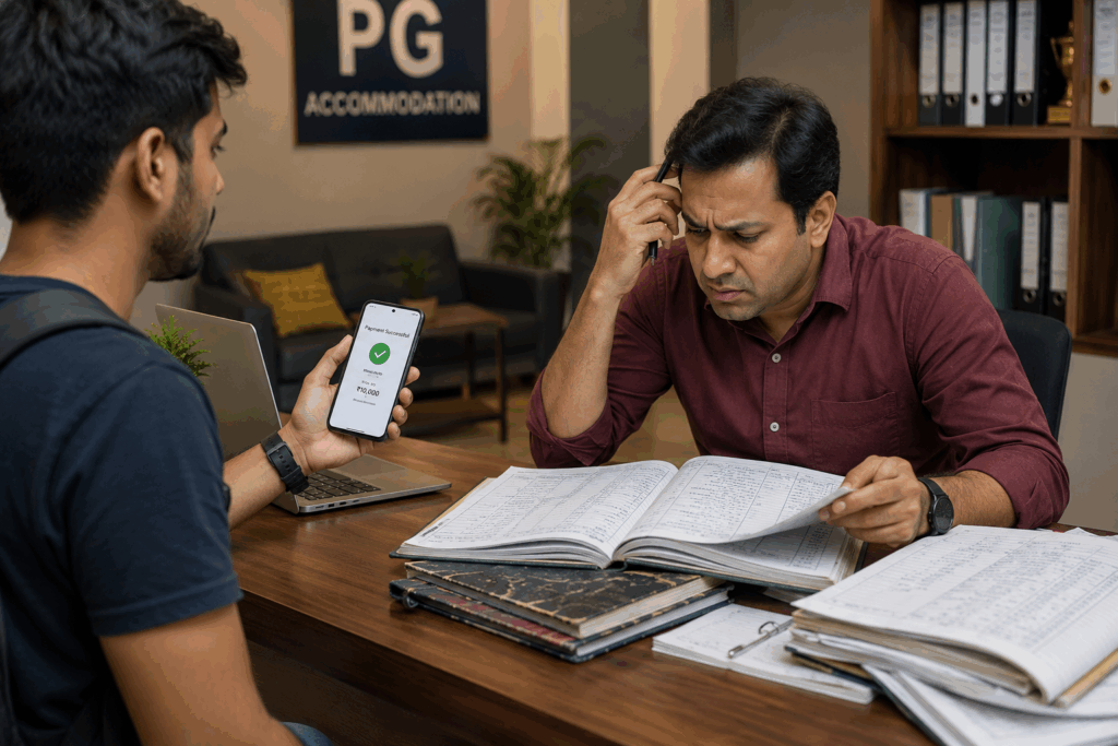 Tenant showing a successful rent payment on a smartphone while a PG owner searches through manual registers to verify the transaction.