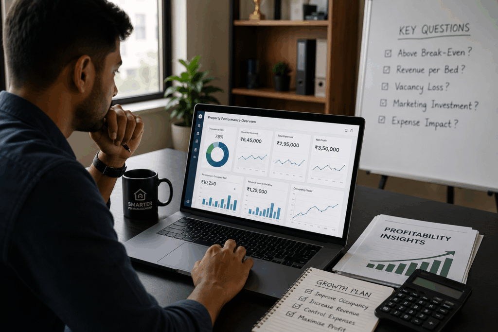 Property manager analyzing occupancy, revenue, and expenses on a dashboard to improve PG profitability and financial performance.