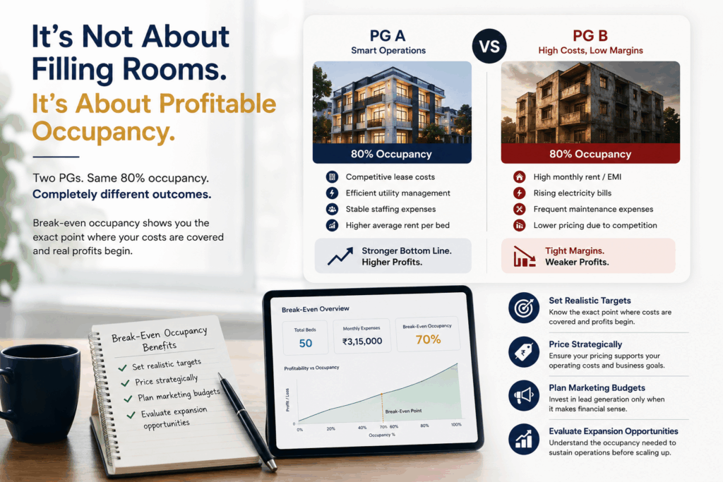 PG owner analyzing break-even occupancy using financial dashboards to compare occupancy rates, operating costs, and profitability for smarter property management decisions.