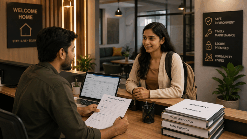 Aadhaar-Based Digital KYC, Aadhaar-Based Digital KYC: A Step-by-Step Guide for PG Owners, Rentok PG owner verifying a new tenant during onboarding, highlighting secure tenant verification and organized rental management.