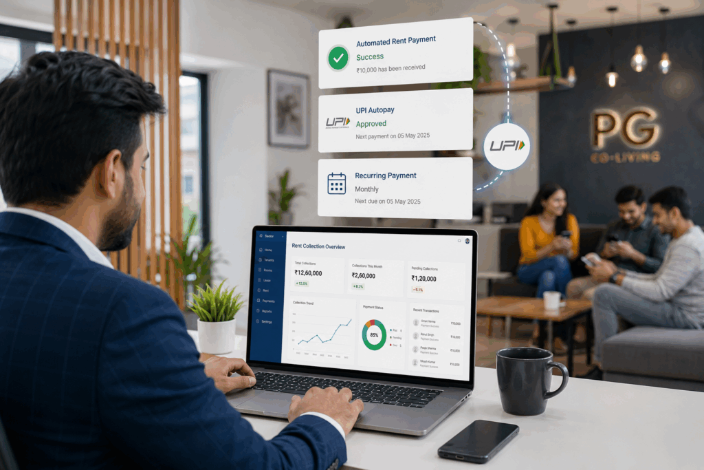 PG owner monitoring automated rent collections on a laptop dashboard with UPI Autopay approvals, recurring payment schedules, digital payment notifications, and financial analytics while managing a modern co-living property with connected tenants using smartphones.