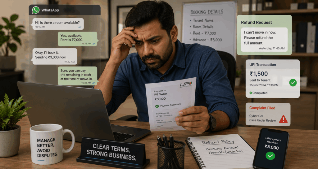 Tenant Dispute, How a Simple Tenant Dispute Froze a PG Owner’s Bank Account, Rentok Property manager analyzing payment screenshots, booking records, and tenant communication during a rental dispute involving refund requests, tenant complaints, and payment documentation.