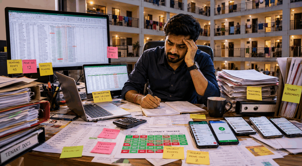 Manage 100+ Tenants, The Easiest Way to Manage 100+ Tenants Without Using Excel, Rentok PG owner struggling to manage 100+ tenants using Excel spreadsheets, payment records, and manual property management systems.