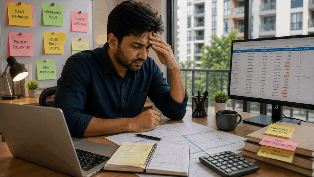 PG owner managing tenant communication, rent collection, occupancy records, and maintenance requests across multiple systems as property operations grow.