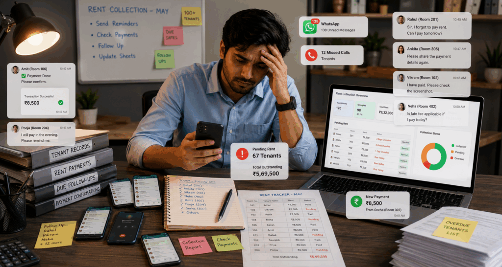 Property manager struggling with manual rent collection, tracking tenant payments, WhatsApp reminders, and overdue rent records across multiple systems in a growing rental property business.