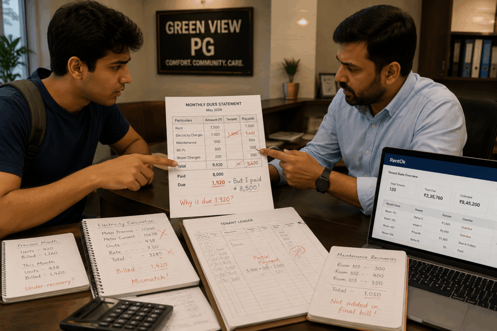 Real Cost of Manual Paperwork, The Real Cost of Manual Paperwork in Your PG Business, Rentok PG owner resolving tenant billing dispute caused by incorrect due calculations.
