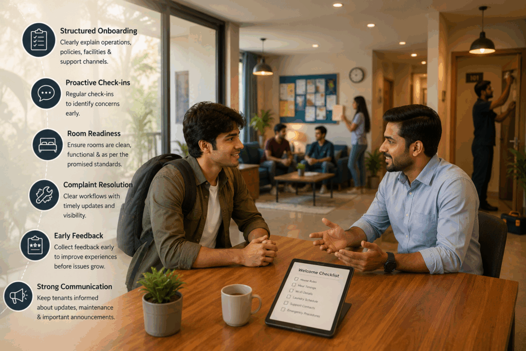 Modern PG management process showing tenant onboarding, maintenance support, and community engagement to improve tenant retention.