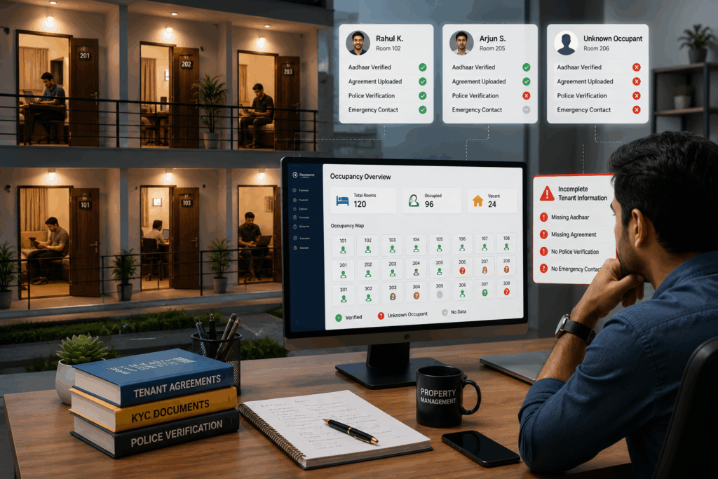 **Alt Text:**

**Property manager monitoring tenant verification records, occupancy status, Aadhaar KYC details, and incomplete tenant information through a digital property management dashboard in a modern PG and rental property.**