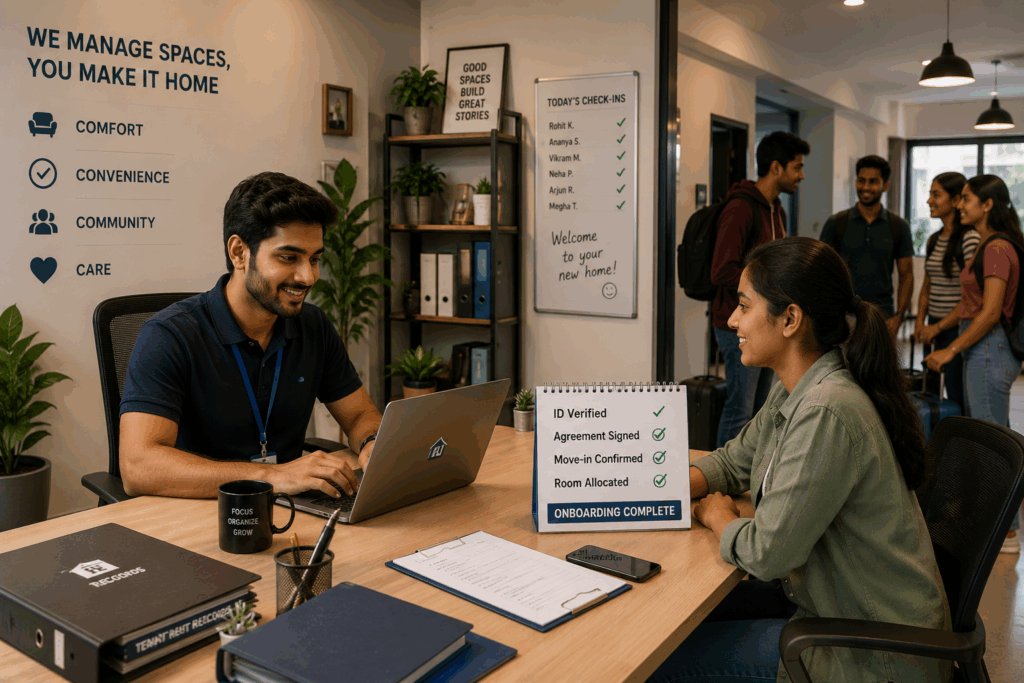 PG operator onboarding a tenant using Aadhaar-based KYC and digital property management software.