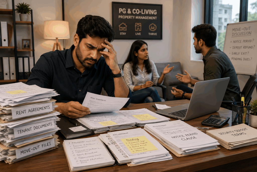 Professional Rent Agreement, How to Create a Professional Rent Agreement Digitally in 5 Minutes, Rentok Property manager managing paper rent agreements and tenant records in a rental property office, showing traditional documentation challenges.