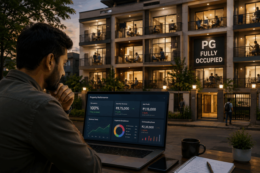 Occupancy Trap, The Occupancy Trap: Why Full Buildings Still Lose Money, Rentok Property manager analyzing occupancy, revenue, expenses, and profitability metrics for a fully occupied PG building using property management software.