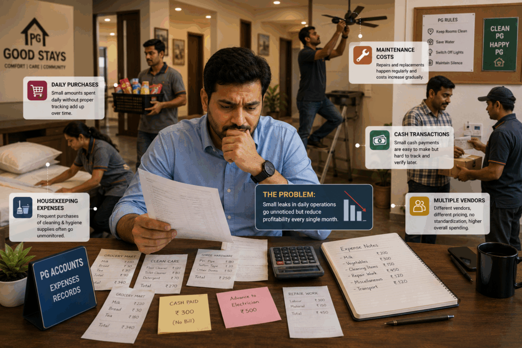 PG expense tracking and financial management showing a property owner monitoring maintenance costs, housekeeping expenses, vendor payments, and daily purchases to reduce profit leakages.