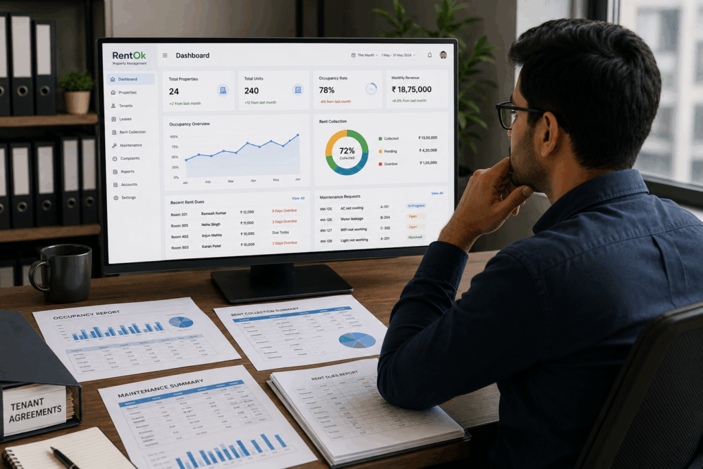 AI Property Management Software, AI Property Management Software vs Traditional Software, Rentok Property manager reviewing traditional property management software dashboard with tenant records, rent collection reports, and occupancy data.