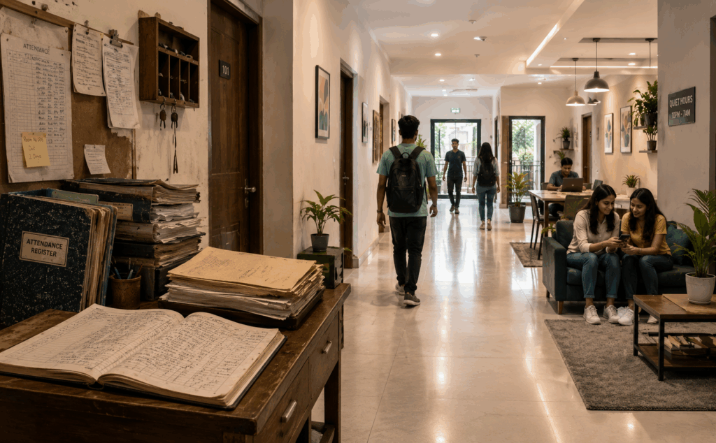 PG Attendance Without Biometric Devices, How to Mark PG Attendance Without Biometric Devices, Rentok Traditional paper-based attendance registers transitioning to a modern digital PG management system in a co-living property, showcasing the future of attendance tracking and property operations.