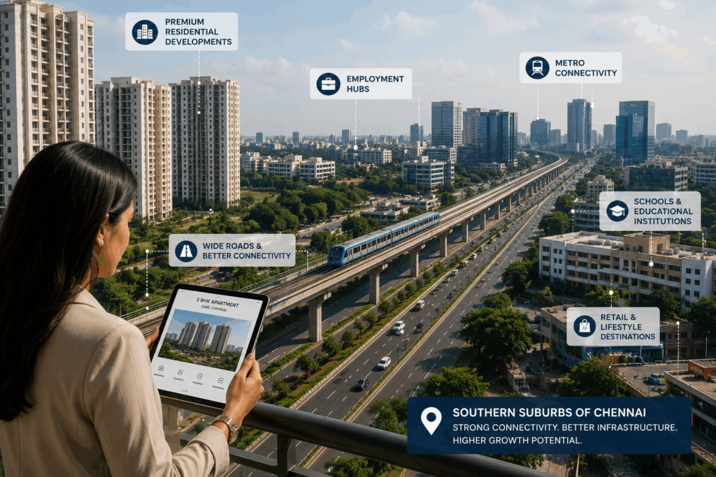 Residential developments in Chennai's southern suburbs featuring strong connectivity, metro infrastructure, employment centers, and growing demand among modern homebuyers.