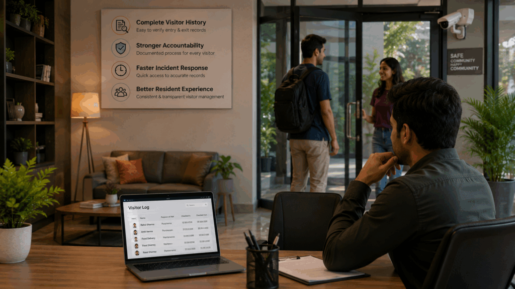 Digital visitor management system at a modern PG showing visitor registration, tenant verification, secure entry process, and organized property management operations.