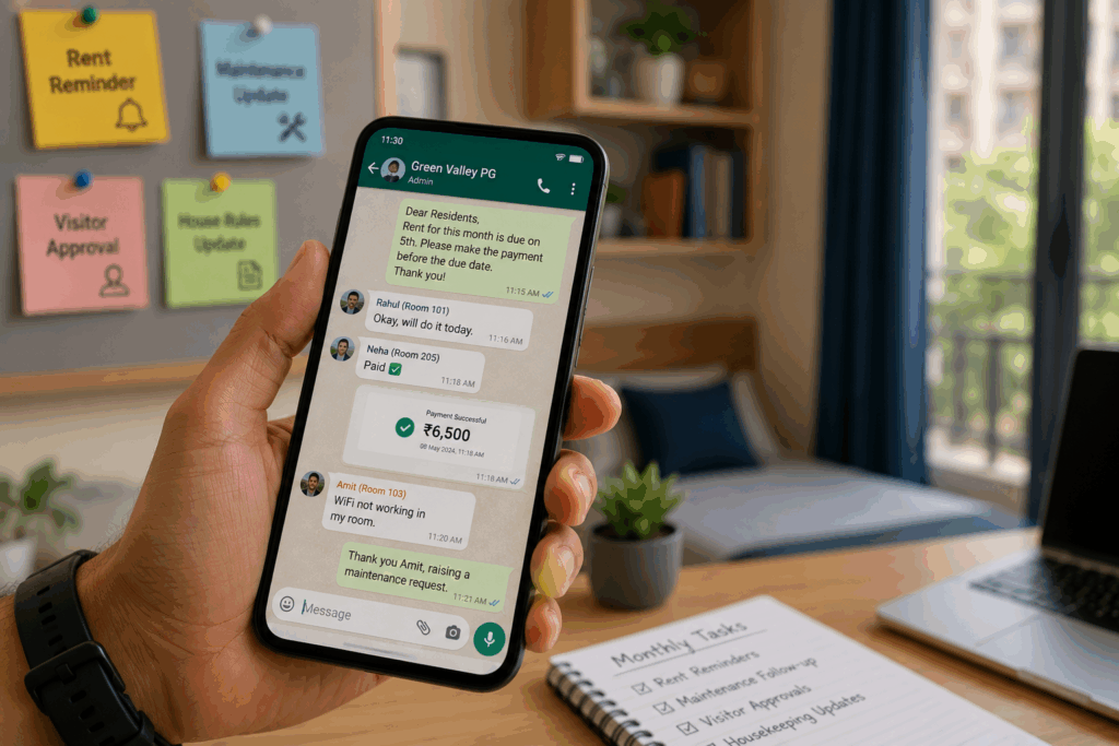 PG owner using WhatsApp Business for tenant communication, rent reminders, maintenance requests, visitor approvals, and daily property management operations.