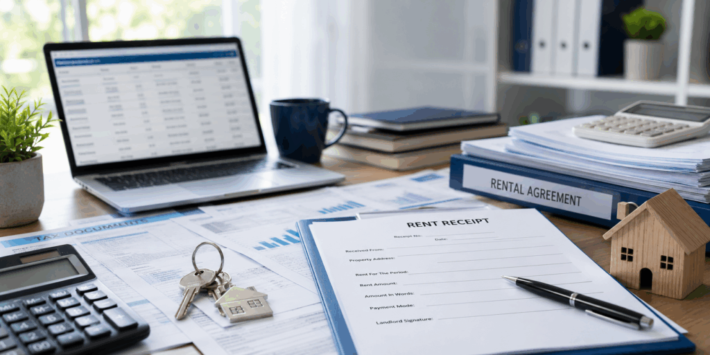 Rent Receipt Format, Rent Receipt Format India: What Every Receipt Must Include, Rentok Rent receipt format and rental documentation setup featuring rent receipt template, rental agreement, payment records, calculator, and property management documents for HRA claims and compliance in India.