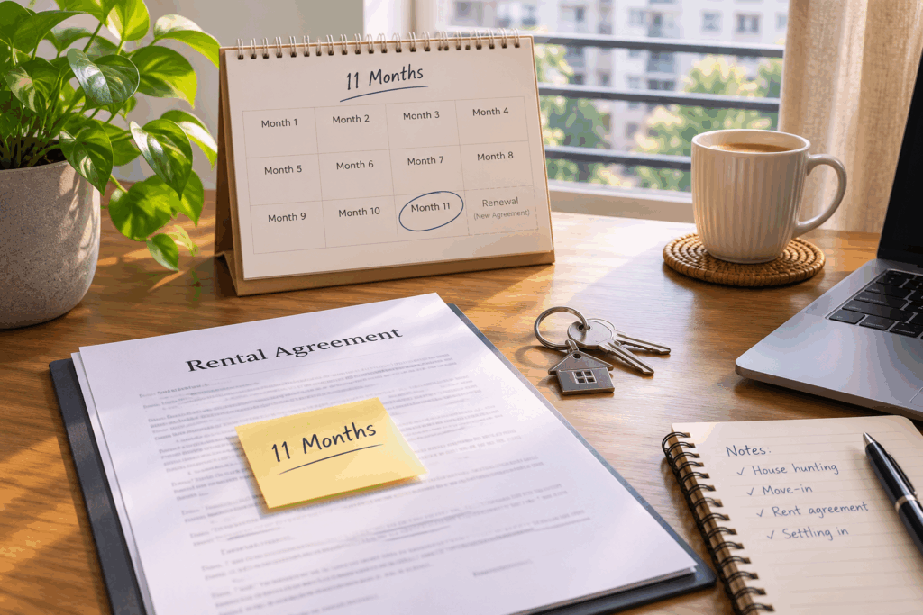 Rental Agreement, Why Is a Rental Agreement Made for 11 Months Only?, Rentok Flat lay of a rental agreement, apartment keys, desk calendar, notebook, and coffee mug representing an 11 month rent agreement in India.