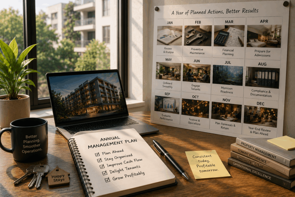 PG Management Annual Planner, PG Management Annual Planner: Month-by-Month Guide, Rentok Annual PG management calendar with monthly property planning, occupancy management, maintenance scheduling, financial planning, and tenant operations for PG and hostel owners.