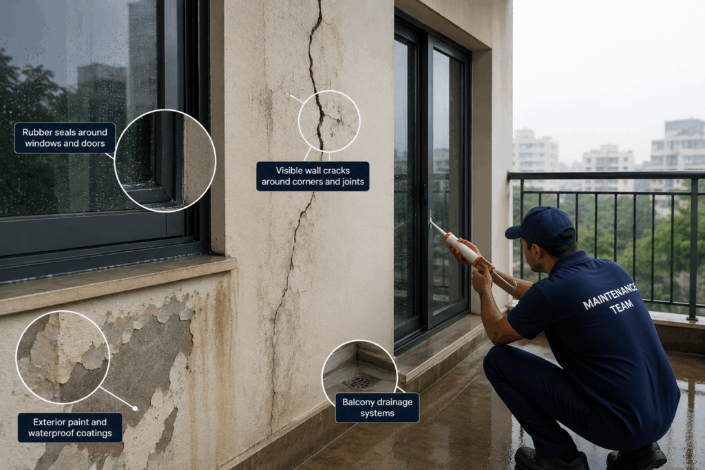 PG Monsoon Maintenance Checklist, PG Monsoon Maintenance Checklist: A Complete Guide, Rentok Property maintenance professional inspecting windows, doors, and exterior walls of a PG building during the monsoon to identify wall cracks, worn seals, and waterproofing issues before heavy rainfall.