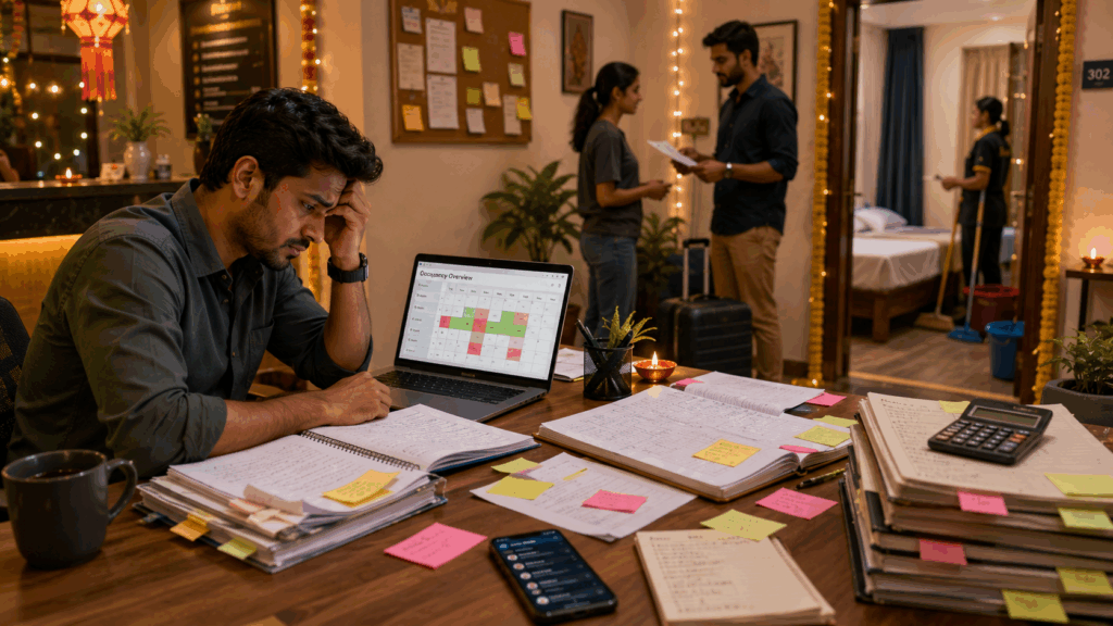 PG owner managing festival season vacancies with occupancy planning, tenant move-outs, delayed maintenance, and room turnover in a modern co-living property.