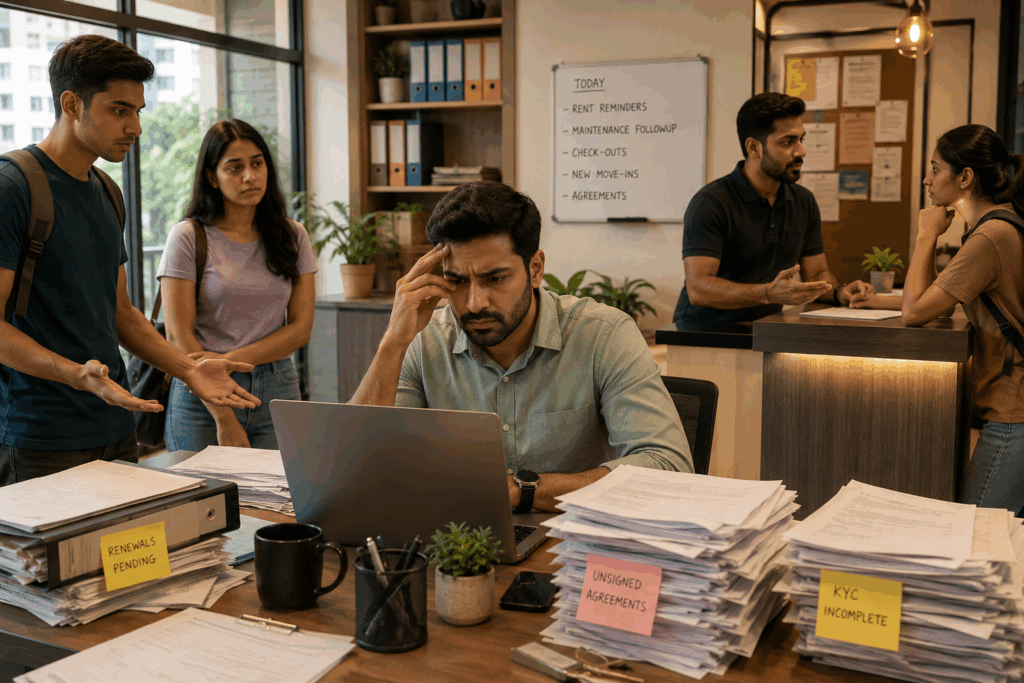 PG Rental Agreement, What Happens If You Don’t Register Your PG Rental Agreement?, Rentok Property manager managing PG rental agreement documentation, tenant onboarding, KYC verification, and compliance in a modern property management office.