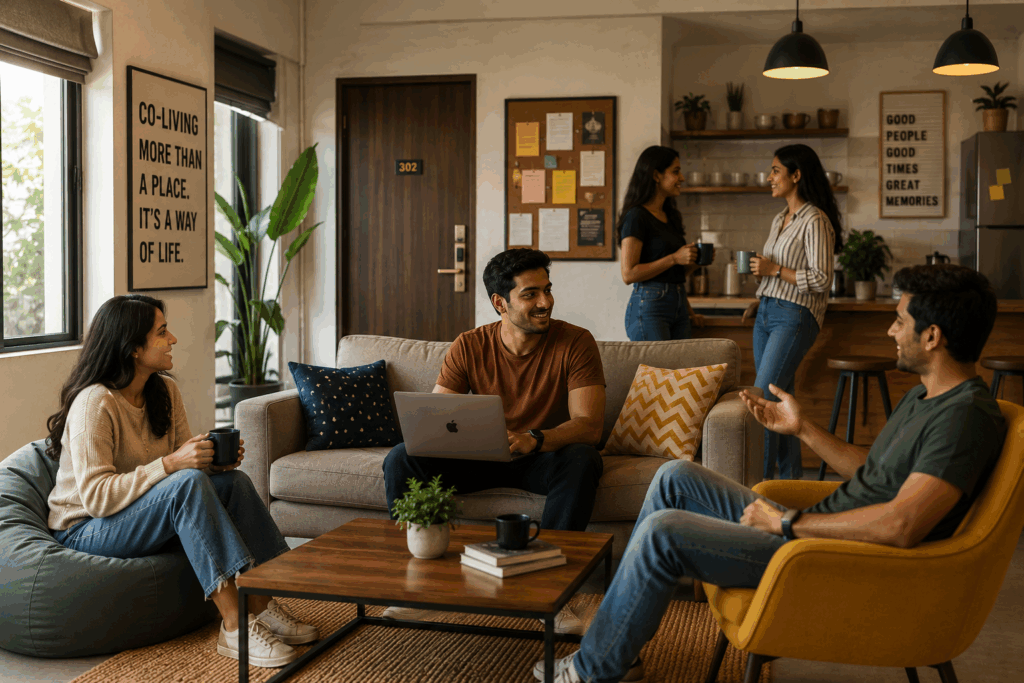 PG vs Co-living vs Hostel, PG vs Co-living vs Hostel: What’s the Difference, Rentok Modern co-living space in India featuring young professionals in a shared living area with fully furnished interiors, community spaces, and flexible urban rental accommodation.