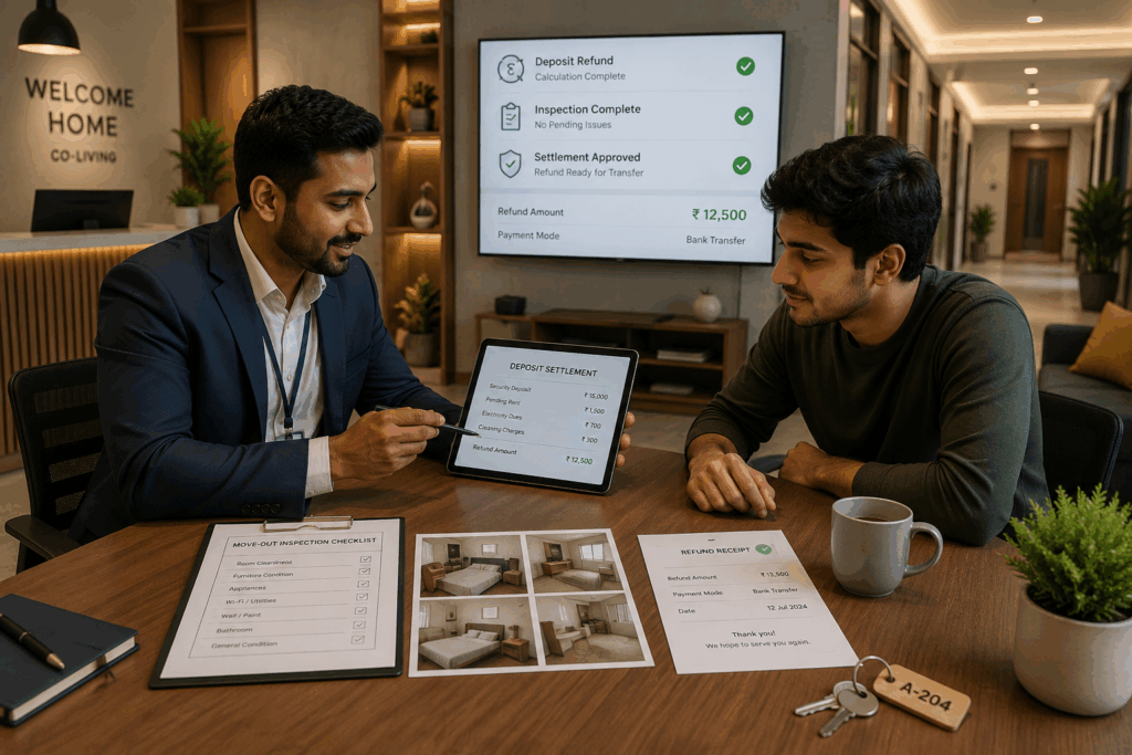 Security Deposit, How to Return a Security Deposit Without a Dispute, Rentok Professional property manager explaining a security deposit refund to a tenant in a modern PG using digital deposit tracking, move-out inspection records, and transparent settlement documents.