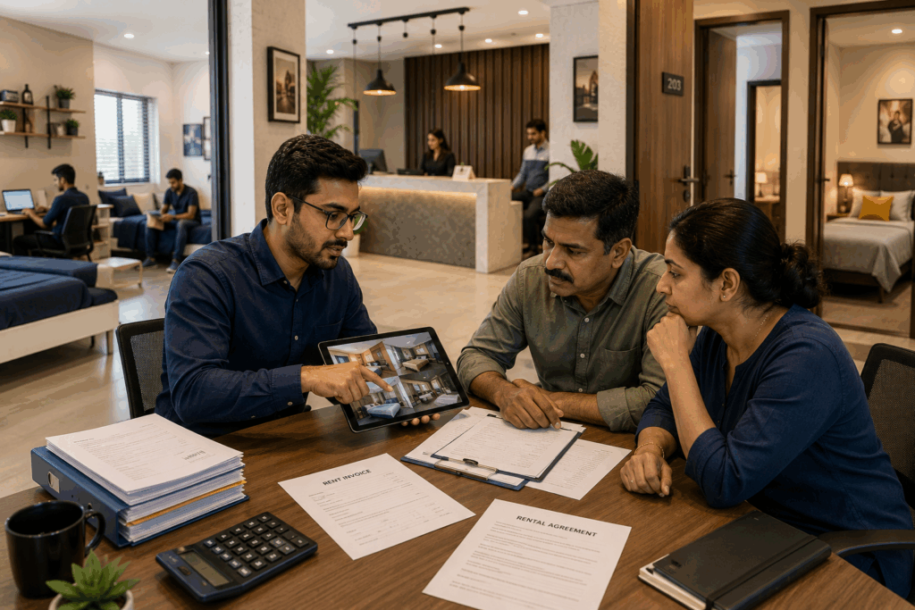 GST on PG Rent, GST on PG Rent: What Every Owner Must Know in 2026, Rentok Indian PG owner discussing GST compliance and rental documents with property management consultant inside a modern co-living space