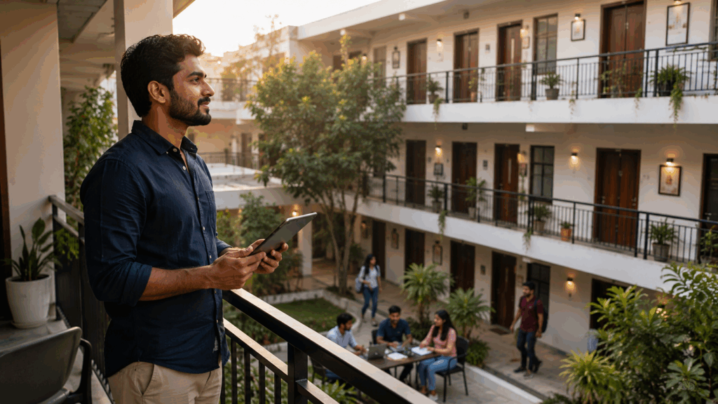 PG owner reviewing property operations and occupancy at a modern 50-bed PG using structured property management practices.