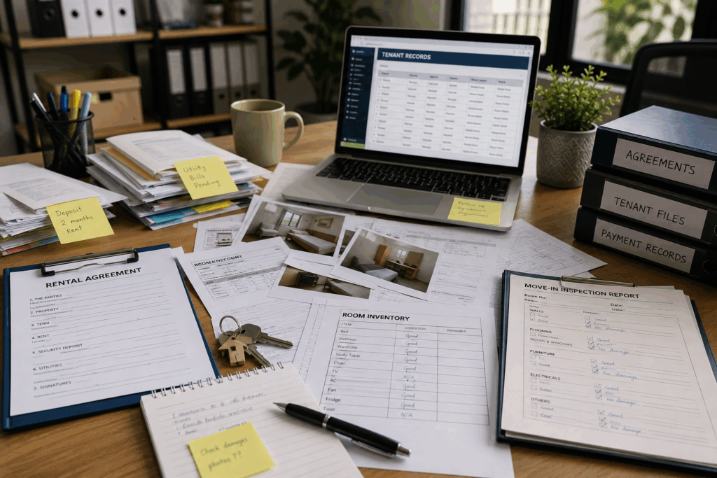 Security Deposit Amount, The Security Deposit Amount: What Is Legal in Your State?, Rentok Disorganized rental documents, inspection checklists, tenant records, and inventory sheets highlighting common security deposit mistakes in property management.