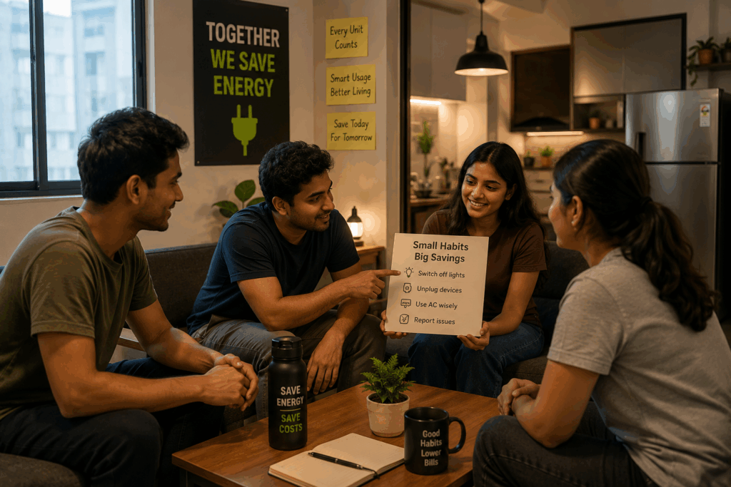 Property manager building an energy-conscious culture in a shared PG with tenants, focusing on PG electricity cost reduction, energy efficiency, and sustainable property management.