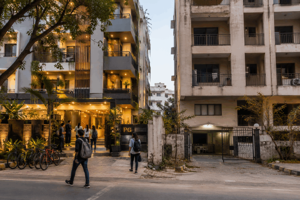 Modern PG building with high occupancy beside a low-occupancy property, illustrating how the right strategy helps price your PG for maximum occupancy.