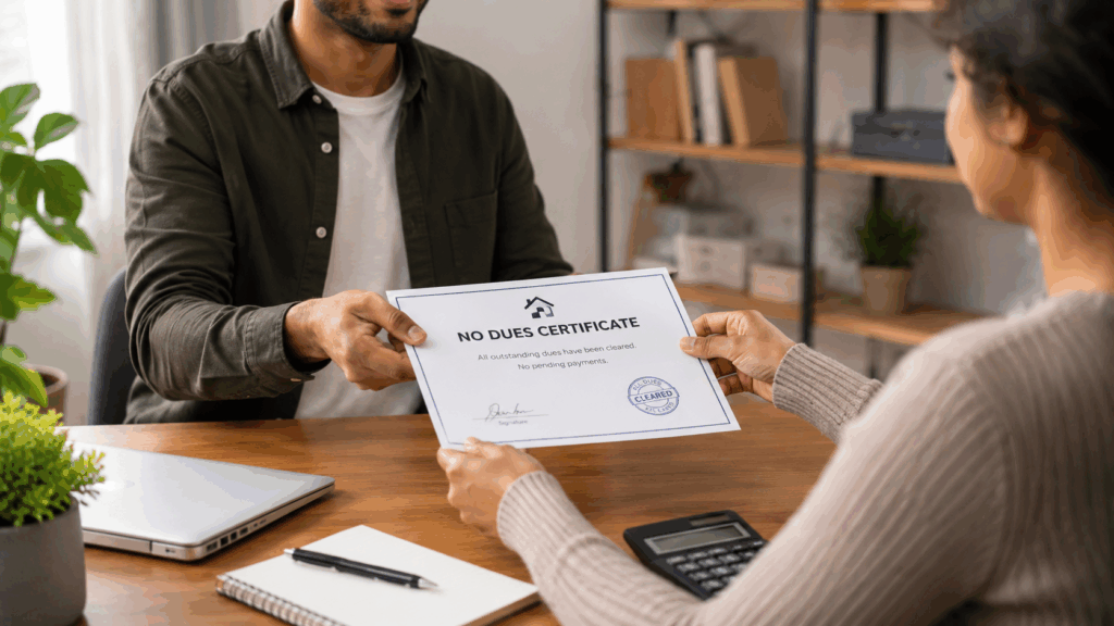 Landlord handing over a no-dues certificate to a PG tenant after successful move-out, representing cleared rent payments, security deposit settlement, and transparent tenant exit documentation.