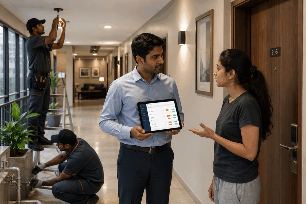 Handling Maintenance Requests, How to Handle Maintenance Requests in Your PG, Rentok Property manager tracking maintenance requests on a digital complaint management system while maintenance staff repair electrical and plumbing issues in a modern PG, demonstrating efficient property maintenance request management and tenant complaint resolution.