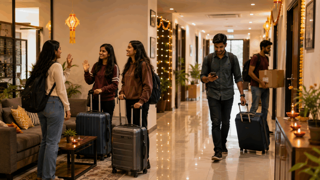 Festival season PG vacancy with students and working professionals moving out of a modern co-living space, representing Diwali and Holi tenant turnover and seasonal occupancy management.