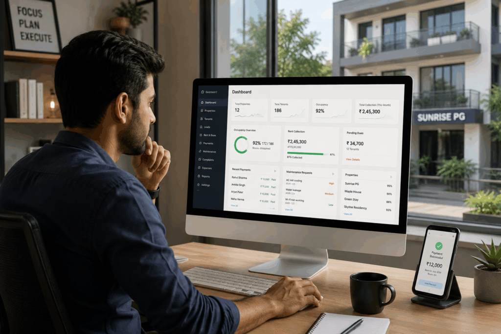 PG in Jaipur, PG in Jaipur: What Owners Need to Know Before Opening in 2026, Rentok Property manager using property management software to automate rent collection, tenant records, maintenance tracking, and occupancy management for a modern PG business.